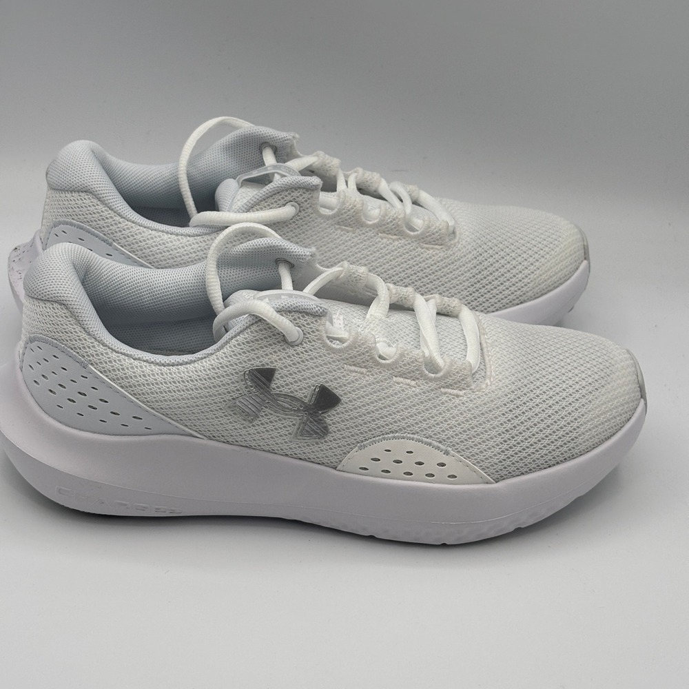 Under Armour Charged Surge 4 Shoes Women Size 7.5 White Grey Running 3027007-100